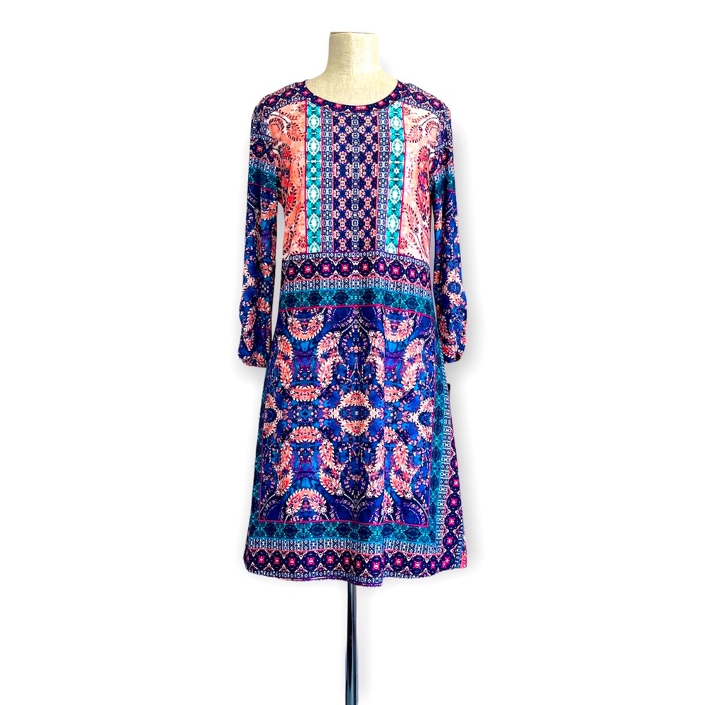 AGB Blue Pink Floral Paisley Long Sleeve Mini Shift Dress Medium